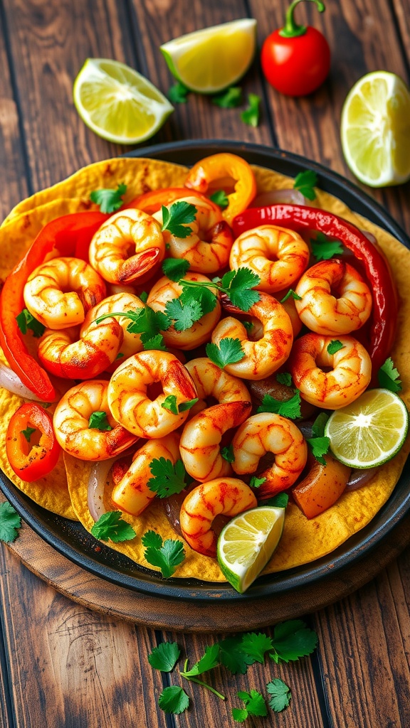 A plate of shrimp fajitas on tortillas, with colorful bell peppers and onions, garnished with cilantro and lime.